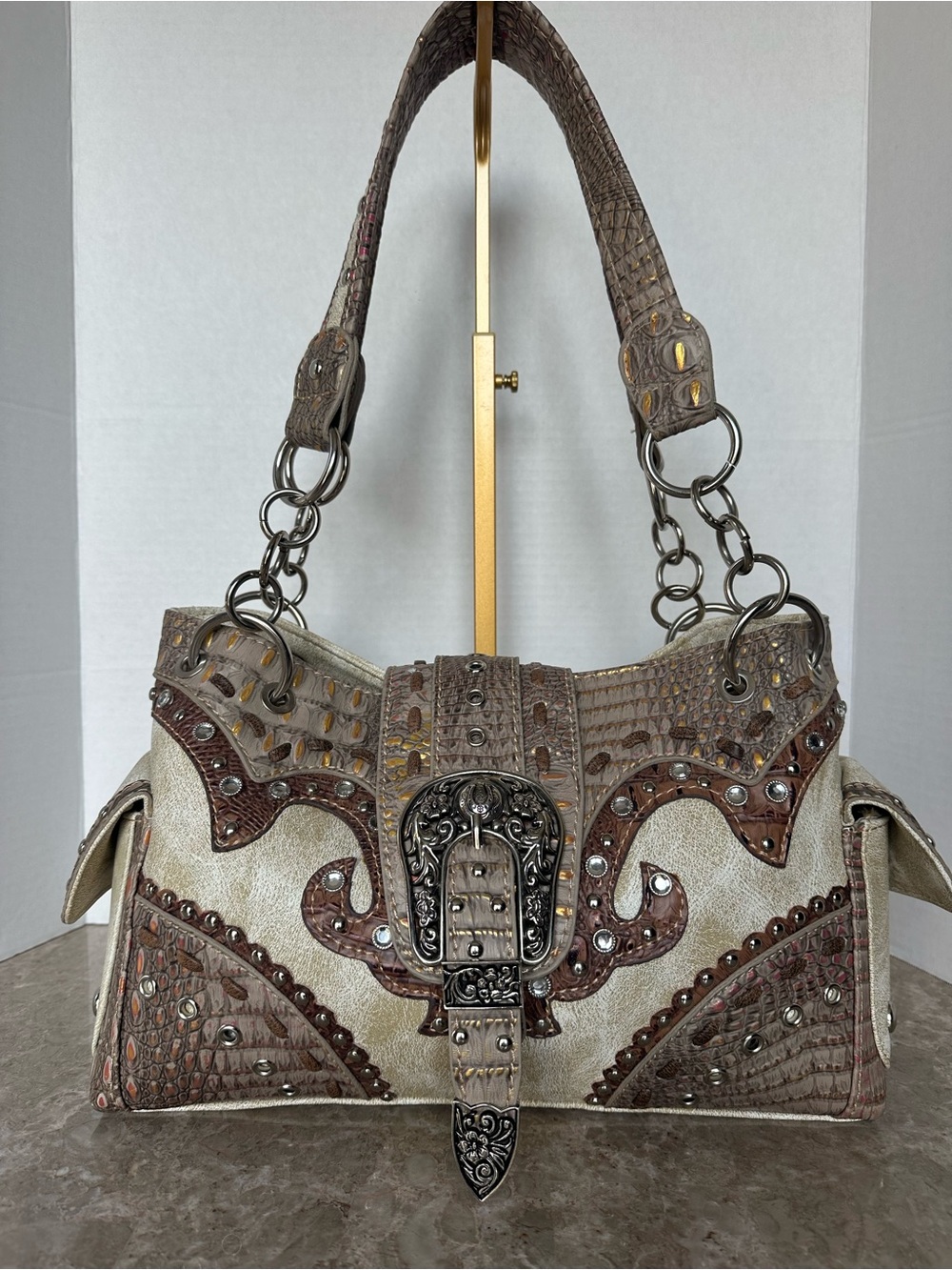Montana West Style Studded Western Mcbling Shoulder Bag Rhinestone Buckle Grunge